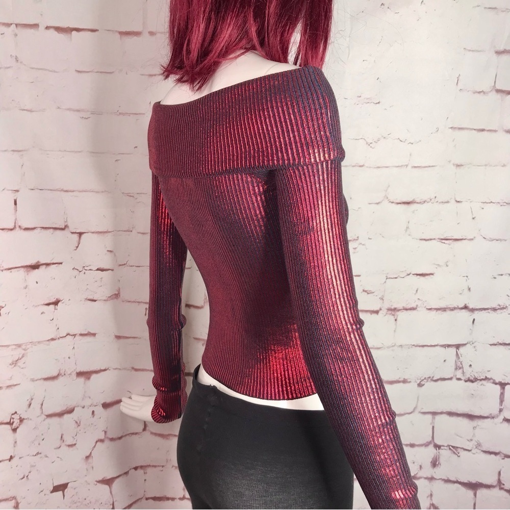 NEW ZARA XS Off the Shoulder Red Metallic Knit Foil Stretch Top NEW WITH TAG - Picture 6 of 15